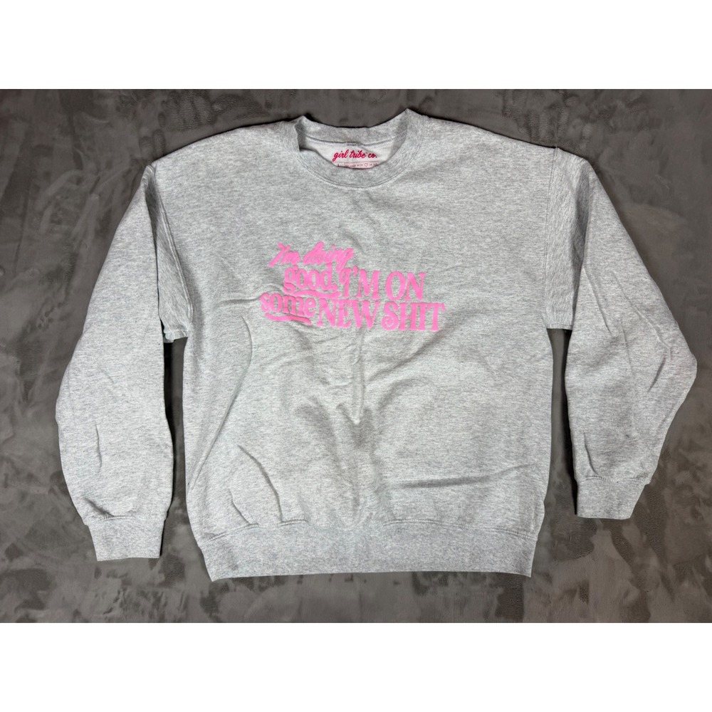 Girl Tribe Co Gray Pink New Shit Graphic Crewneck Sweatshirt Large